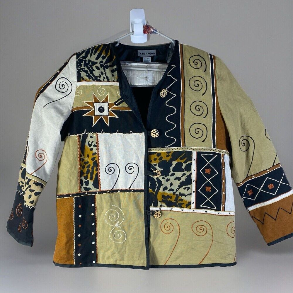 Indigo Moon Tapestry Patchwork Jacket  Womens Small Flax Blend Art Retro Boho